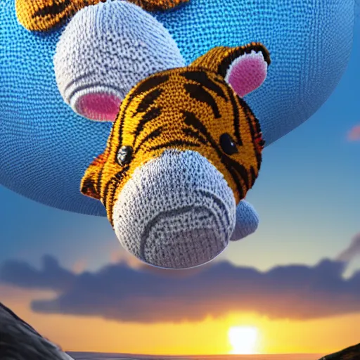 Image similar to a closeup photorealistic photograph of a cute smiling knitted tiger hippopotamus chasing a beachball at sunset. surf in the background. professional capture. this 4 k hd image is trending on artstation, featured on behance, well - rendered, extra crisp, features intricate detail, epic composition and the style of unreal engine.