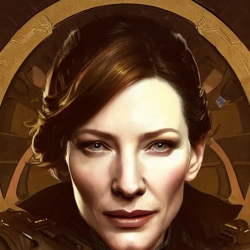 Prompt: Portrait of cate blanchett as a military officer, intricate, headshot, highly detailed, digital painting, artstation, concept art, sharp focus, cinematic lighting, illustration, art by artgerm and greg rutkowski, alphonse mucha, cgsociety