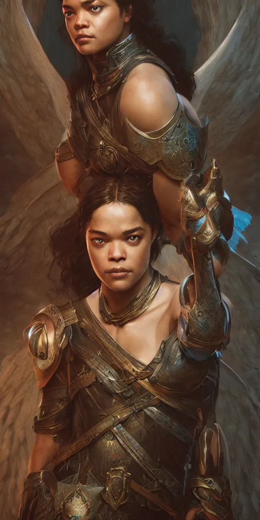 Image similar to tessa thompson, beautiful fantasy warrior princess, dungeons and dragons, masterpiece by edgar maxence and ross tran and michael whelan, gustav dore, 8 k, octane render