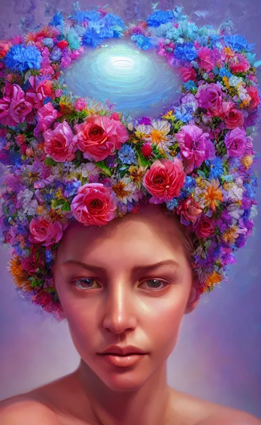 Image similar to a beautiful oil painting hyperrealism of a beautiful woman, close up face, flowers, floral headdress, 8 k resolution, octane render, trending on artstation, by gediminas pranckevicius, volumetric light 2 blue fractal thunder glow by dan mumford, anaglyph effect, laurie lipton