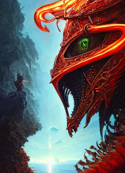 Image similar to highly detailed portrait of knight's helmet reflecting red dragon reflection detailed, 8 k blocking flames fire, green eyes, fantasy art by by simon bisley, loish, rhads, ferdinand knab, and lois van baarle, ilya kuvshinov, rossdraws, tom bagshaw, global illumination, radiant light, detailed and intricate environment