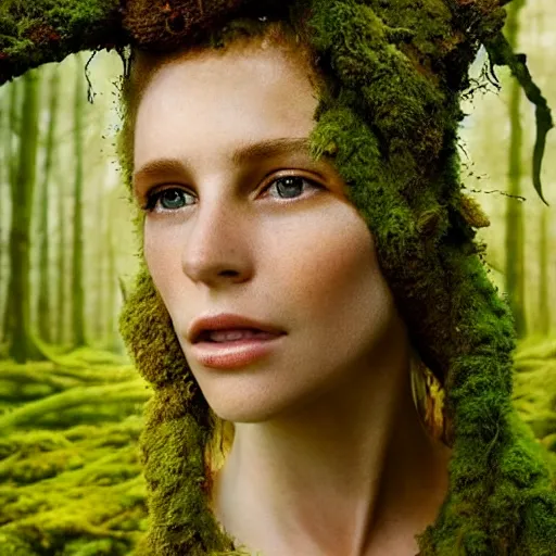 Prompt: beautiful portrait of a forest dryad, her skin made of moss, flowers growing from her head, golden sunlight, extremely detailed, hyperrealistic, photo by annie leibovitz, masterpiece, award-winning