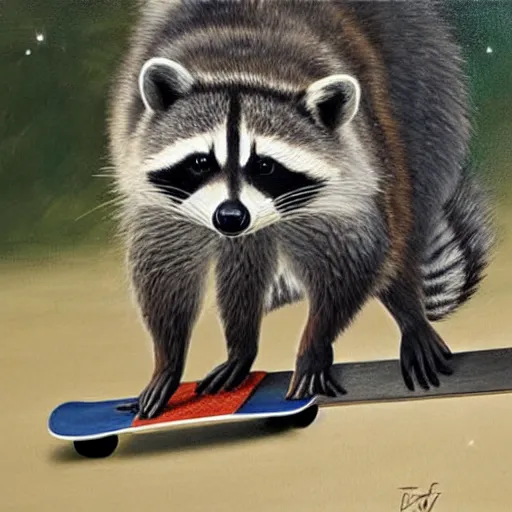 Image similar to detailed painting of a raccoon riding a skateboard