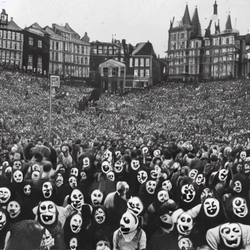 Image similar to an old black and white photo of a large crowd with distorted clown masks,