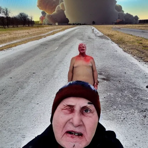 Image similar to last selfie of last alive funny scared ukrainian very damaged body to bones, bleeding running from nuclear explosion, big nuclear explosion at background