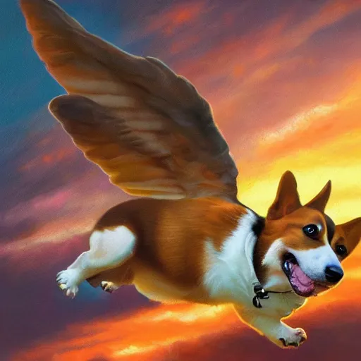 Image similar to a corgi with wings, flapping its wings flying in sunset sky, oil on canvas, portrait, intricate, 8k highly professionally detailed, HDR, CGsociety