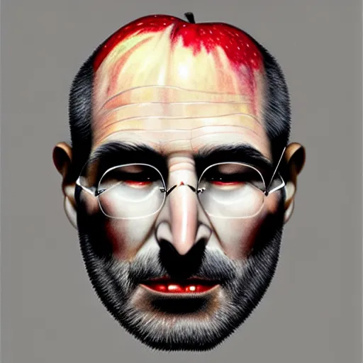 Image similar to apples arranged in the shape of a face resembling steve jobs, fantasy, intricate, elegant, highly detailed, lifelike, photorealistic, digital painting, artstation, illustration, smooth, sharp focus, art by giuseppe arcimboldo