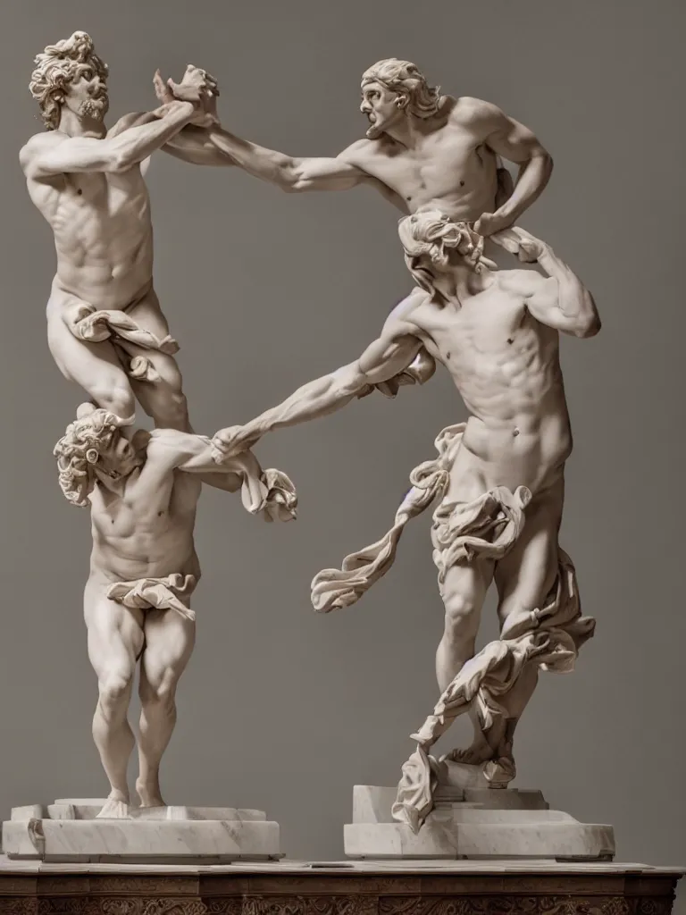 Prompt: Beautiful hyperrealistic colorful Studio photograph of a Classical Colored Marble Statue of a Soap Opera Actor fighting his Evil Doppelganger on a Pedestal sculpted by Gian Lorenzo Bernini in a Bright Gallery, Bright shocking detail hyperrealistic trending on artstation