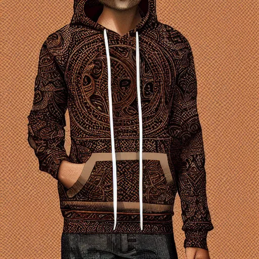 Image similar to batik, hoodie, dark brown, trendsetter, fashion of the year, fiction, stability, intricate, elegant, 8 k, uhd, justify, artstation, concept art, matte, sharp focus, illustration, consistent, highly detailed object content, proportional object content