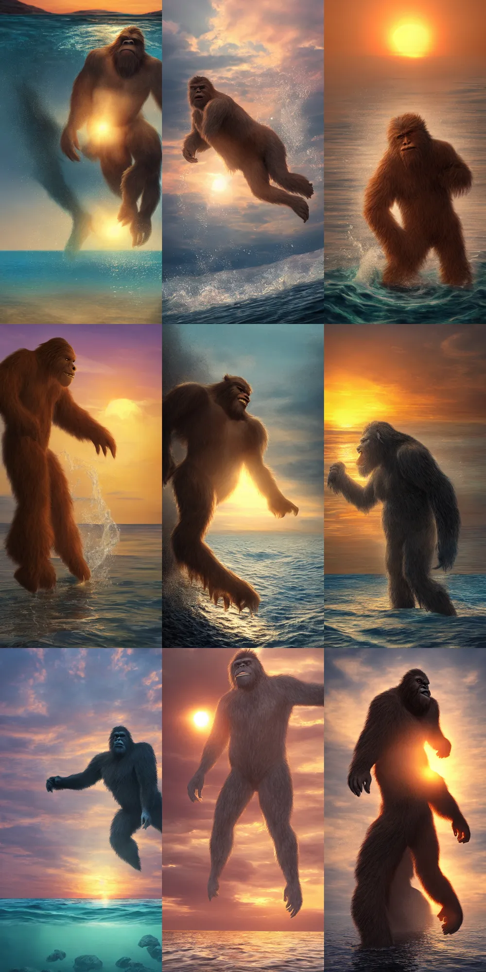 Prompt: a beautiful rendered picture of a sasquatch from instagram in the ocean at sunset by Nick Silva, trending on artstation, 8k