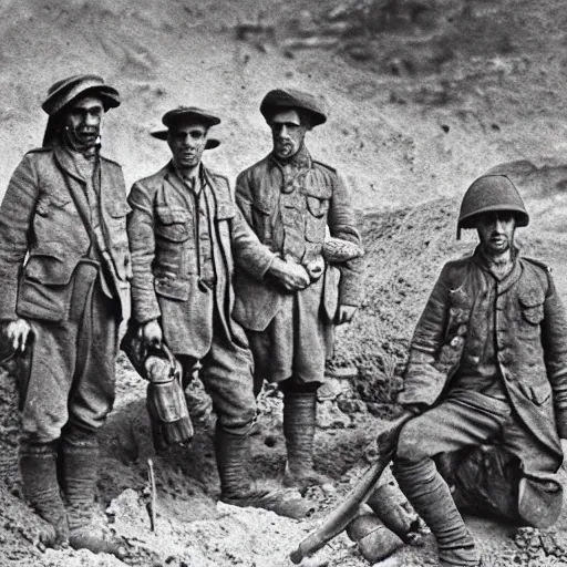 Image similar to a detailed photorealistic sepia - toned photo from 1 9 1 7, three clean - shaven british soldiers standing with two bedouin traders, at an archaeological dig site, ultra realistic, painted, intricate details, lovecraft, atmospheric, dark, horror, brooding, highly detailed, by clyde caldwell