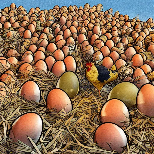 Prompt: a massive pile of chicken eggs near a very confused chicken, concept art, illustrated, highly detailed, high quality, bright colors, optimistic,