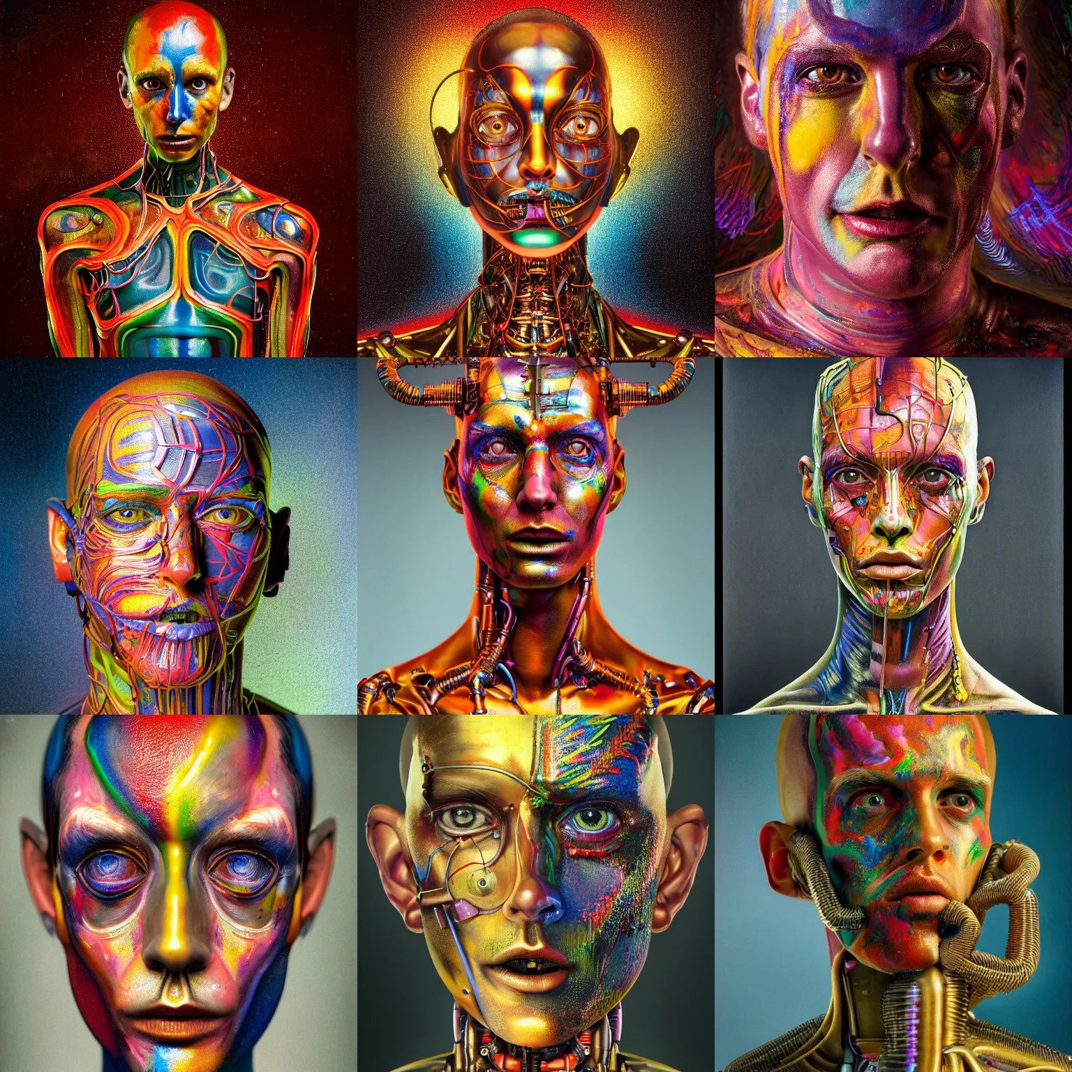 Prompt: a hyperrealistic fine art portrait photo of a mechanical industrial alloy cybernetic human with psychedelic colorful body paint, by brad kunkle, maarten schröder and tom bagshaw, smooth shapes and lines, vignette, 35mm lens, golden ratio composition, studio photography, closed eyes, very detailed, artstation, 8K, highly coherent