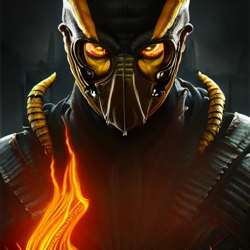 Prompt: Portrait of Scorpion from Mortal Kombat 11, anger, mystery, fear, highly detailed, ominous vibe, smoke, octane render, cgsociety, artstation, trending on ArtStation, by Travis Sergio Diaz