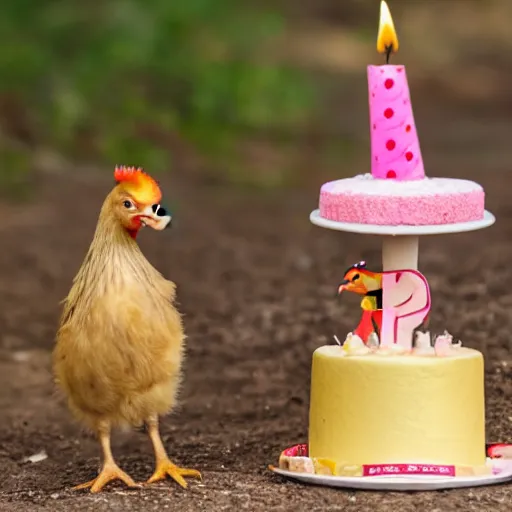 Image similar to a light downed baby chick is standing beside a rooster and a tiny birthday cake