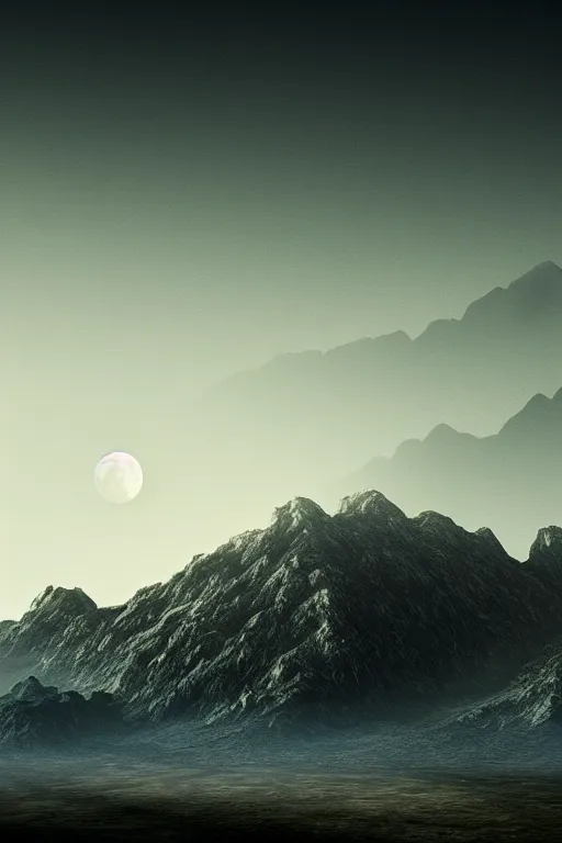 Image similar to a cgi landscape image with a moon and mountains, cinematic matte painting, extreme detail photo quality, dark moody colors, featured on behance