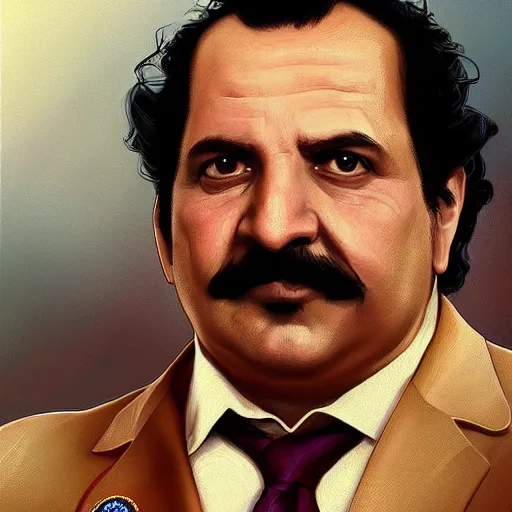 Prompt: handsome Ron Jeremy as President of United States of America as GTA character, sci-fi fantasy, closeup, D&D, intricate, elegant, highly detailed, digital painting, artstation, concept art, matte, sharp focus, illustration, art by Artgerm and Greg Rutkowski and Alphonse Mucha