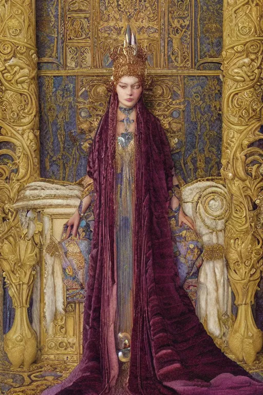 Image similar to coronation portrait of the ice queen, by Donato Giancola and John Bauer and John William Godward and Vermeer, embroidered velvet, iridescent beetles, rich color, ornate headdress, flowing robes, lost runes, ancient civilizations,featured on Artstation, cgisociety, unreal engine, extremely detailed