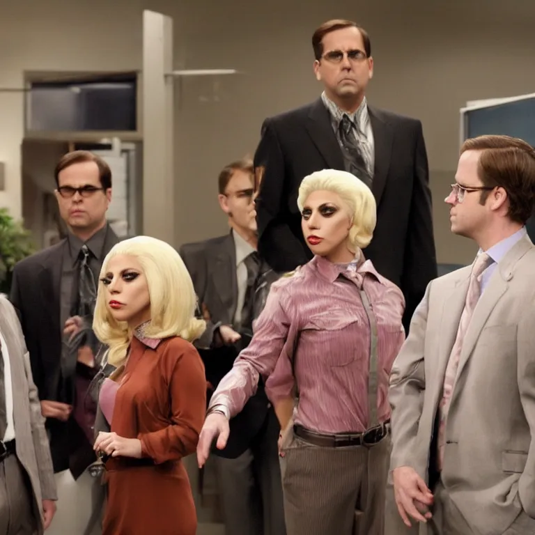 Image similar to confused lady gaga looking at the camera in the middle of dwight schrute and michael scott., from the office ( 2 0 0 5 ), detailed background, uhd, low light, cinematic, realistic, clear face, clear eyes.