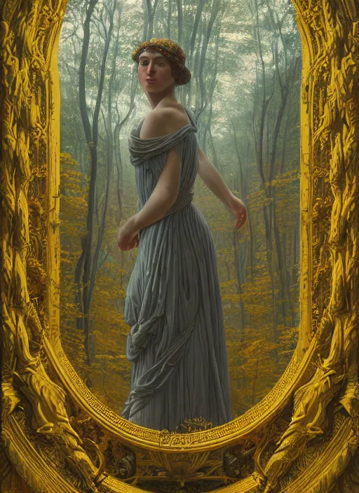 Image similar to intricate oil painting portrait by John William Godward and Anna Dittman and Laurie Greasley and Victo Ngai and Taro Okamoto and Caspar David Friedrich depicting a female fantasy priestess in a bright temple surrounded by yellow spring forest and dead trees, evening, atmospheric lighting, intricate detail, cgsociety, hyperrealistic, octane render, RPG portrait, ambient light, dynamic lighting