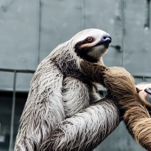 Prompt: sloth killing a pigeon with cute face, aggressive sloth fighting a muscled pigeon, best photo award, high quality 8 k, cinematic lighting