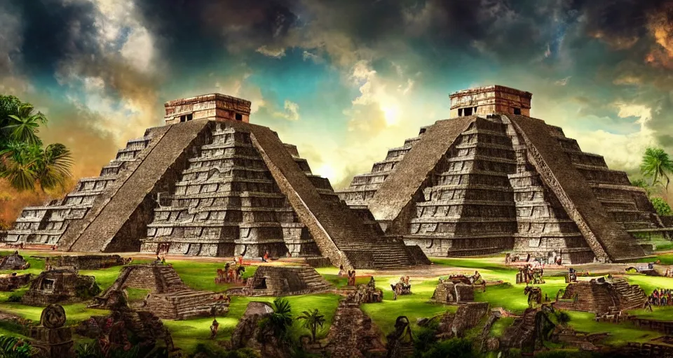 Image similar to ancient mayan civilization, huge mayan city with mayan pyramids in a landscape with waterfalls and stunning light and cheerful colors, epic composition, cinematic lighting, masterpiece, trending on artstation, very very detailed, masterpiece, stunning