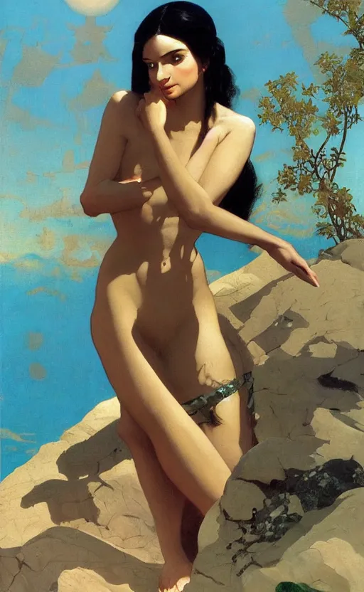 Prompt: a oil painting of a fair skin with dark hair queen in a metallic dress, by bruce pennington, by eyvind earle, by bouguereau by nicholas roerich, by frank frazetta, by georgia o keeffe, by dean cornwell, highly detailed, realistic, concept art, jewels, tiles curtains, oriental, desaturated