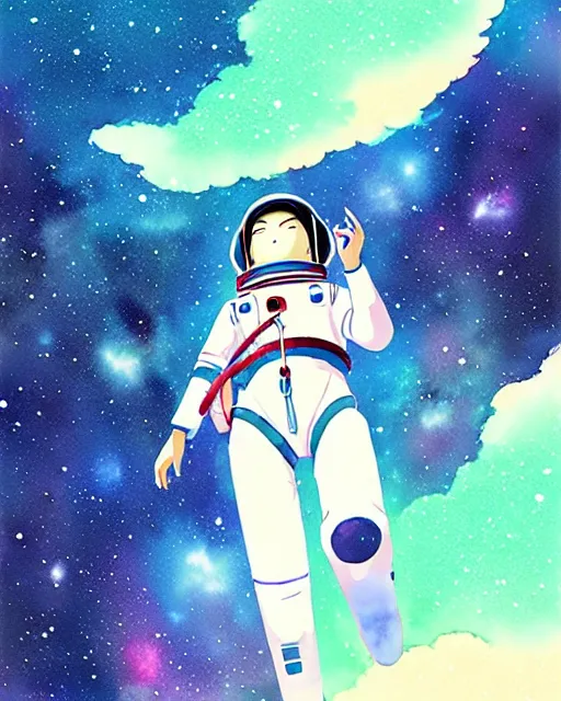 Prompt: oriental water color of a cute thicc female astronaut, floating through space, backlit, by makoto shinkai