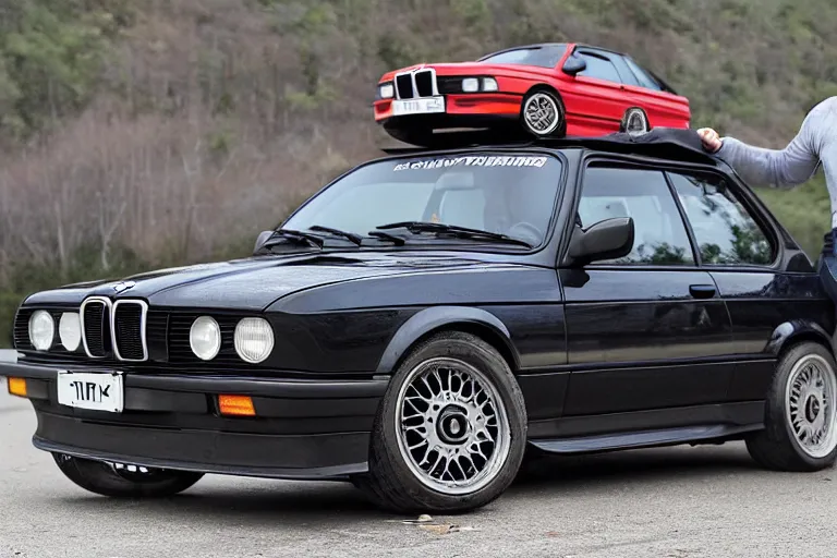 Image similar to Angry Jason Statham lifts BMW e30 that sits above him