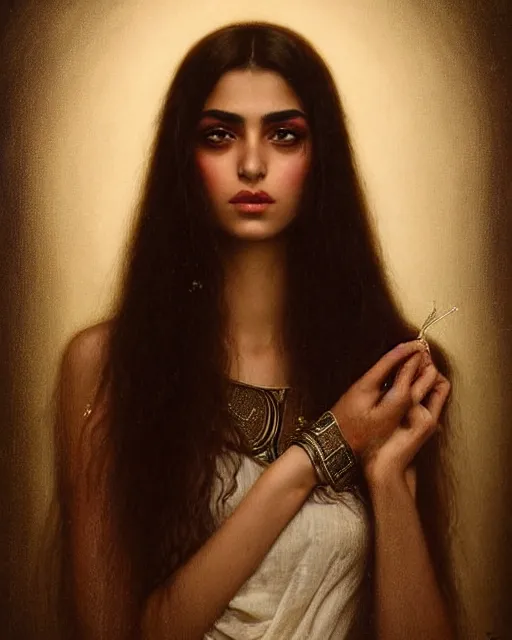 Image similar to a highly realistic, true to life portrait of a beautiful young middle eastern girl, sharp focus, from the waist up, under studio lighting, taken with a canon eos camera with 1 3 5 mm focal length, art by karol bak, james jean, tom bagshaw, trending on artstation,