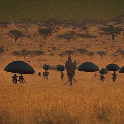 Prompt: real aliens disembarking ufo in african savannah, grainy photo, specular highlights, photography