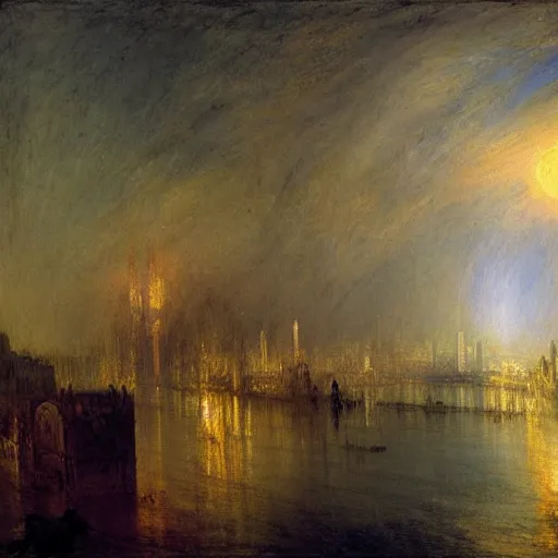 Image similar to cyberpunk city landscape with hooded figure painted by William Turner 1860