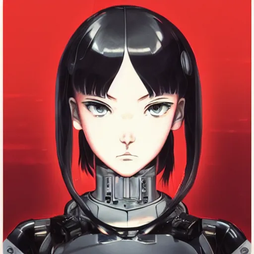 Image similar to A cyborg girl with big and cute red eyes, fine-face, realistic shaded perfect face, fine details. red, black and white robotic parts. Very very anime. Realistic shaded lighting poster by Ilya Kuvshinov katsuhiro otomo ghost-in-the-shell, magali villeneuve, artgerm, Jeremy Lipkin and Michael Garmash, Rob Rey and Kentarõ Miura style, trending on art station