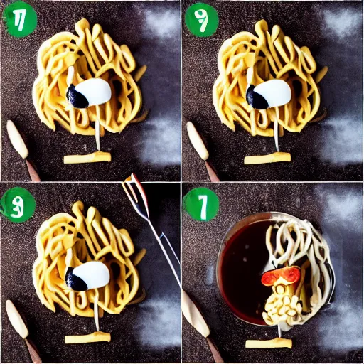 Image similar to making of an edible giraffe from noodles and soy sauce in 1 0 easy steps, from the beautiful'how to make food art step by step collection ', dslr