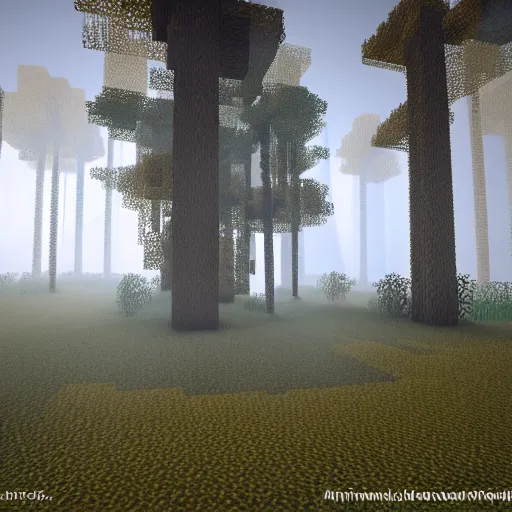 Image similar to atmospheric render of a forest, minecraft, rendered with blender, 4 k, rtx