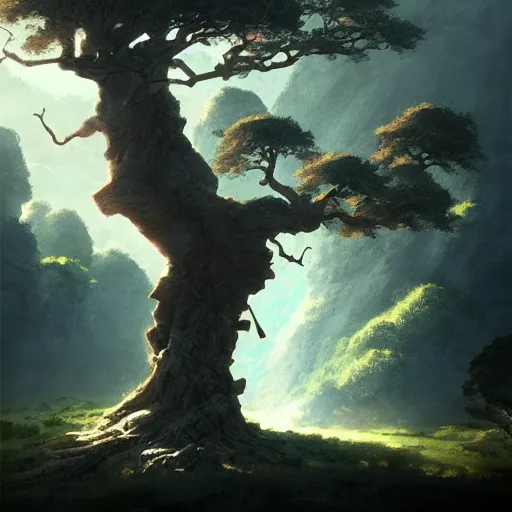 Prompt: a landscape of a single ancient ash tree, studio wit, castle in the sky, animated, anime, illustrated, by greg rutkowski, dungeons and dragons on artstation