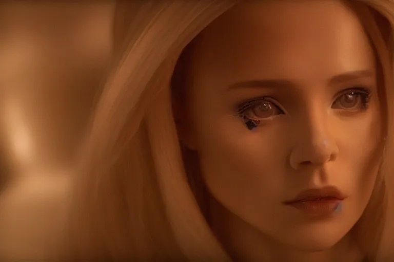 Image similar to a still from bladerunner 2 0 4 9 depicting a medium shot photograph of a beautiful woman with blonde hair. she stands inside a futuristic pod shaped immortality machine. she stares intently into the camera with a hungry expression. sci fi, futuristic, cinematic, low light, soft focus.