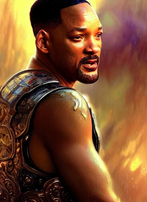 Image similar to portrait of will smith, d & d, wet, shiny, fantasy, intricate, elegant, hyper detailed, ultra definition, photoreal, artstation, unreal engine rendered, concept art, smooth, sharp focus, illustration, art by artgerm and greg rutkowski and alphonse mucha and garis edelweiss