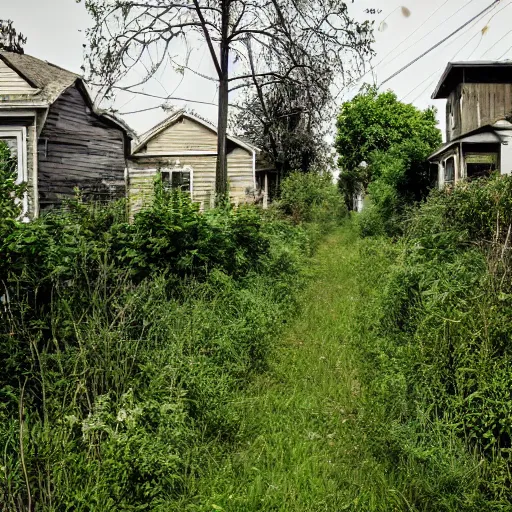 Image similar to liminal poor neighborhood, overgrown, photo taken from the street