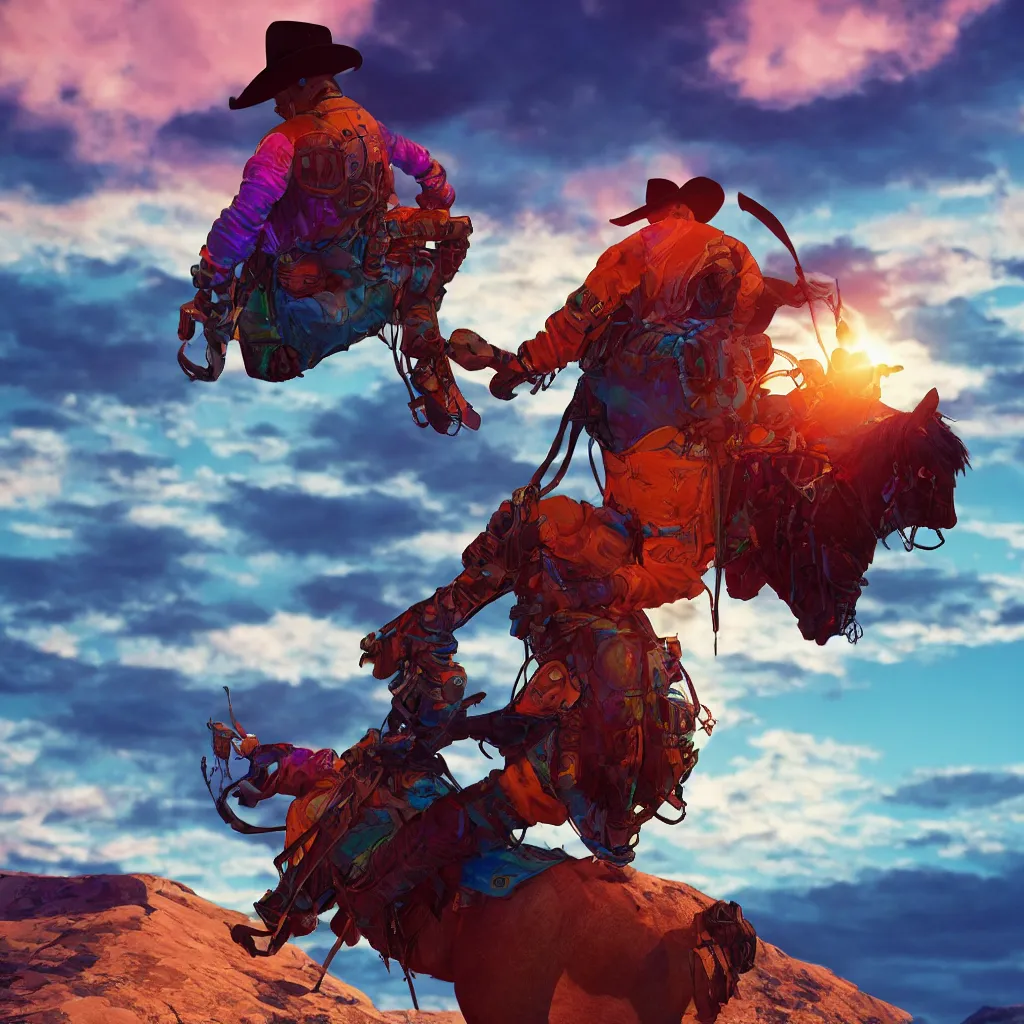 Image similar to octane render by laurie greasley and asher brown durand, a cowboy wearing a full - body iridescent suit and cowboy hat inside a scenic western landscape with colorful clouds, cinema 4 d, 8 k, volumetric lighting and shadows