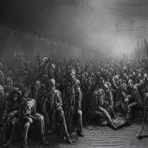 Image similar to nine steel barrels in a graveyard full of zombies, creepy atmosphere, dark, portrait, realistic, illustration by gustave dore