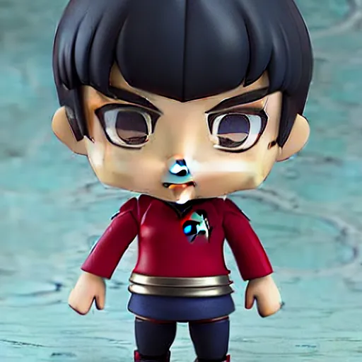 Image similar to spock from the tv series star trek as an anime nendoroid, serious look, pointed ears, spock haircut, starfleet uniform, detailed product photo