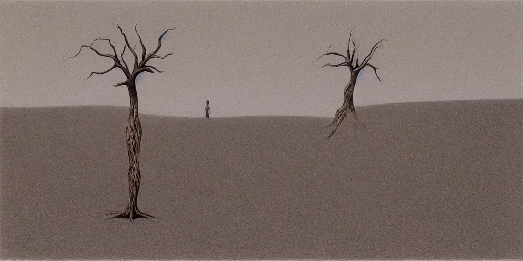 Image similar to dry desert with a tree in the shape of a slender women in the style of Zdzisław Beksiński