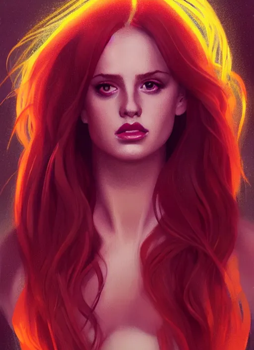 Image similar to full body portrait of teenage cheryl blossom, bangs, green eyes, mischievous expression, red hair, sultry smirk, bangs and wavy hair, intricate, elegant, glowing lights, highly detailed, digital painting, artstation, concept art, smooth, sharp focus, illustration, art by wlop, mars ravelo and greg rutkowski