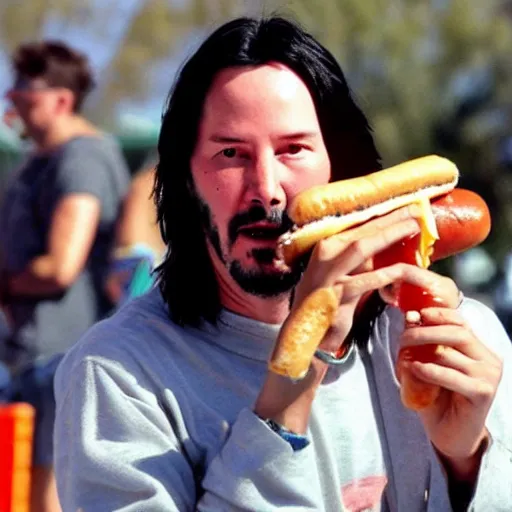 Image similar to keanu reeves dressed as a baby smoking a hot dog at burning man