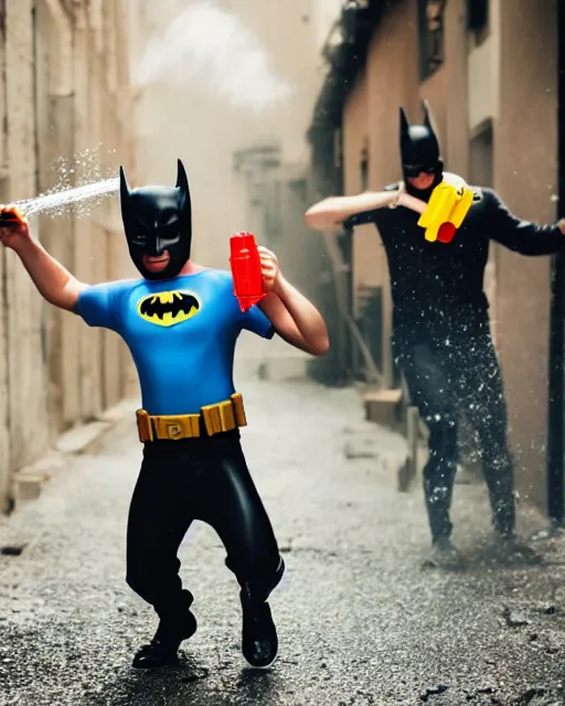 Image similar to happy batman firing super soaker water gun in an alleyway, everyone having fun, toy product advertisement, photography