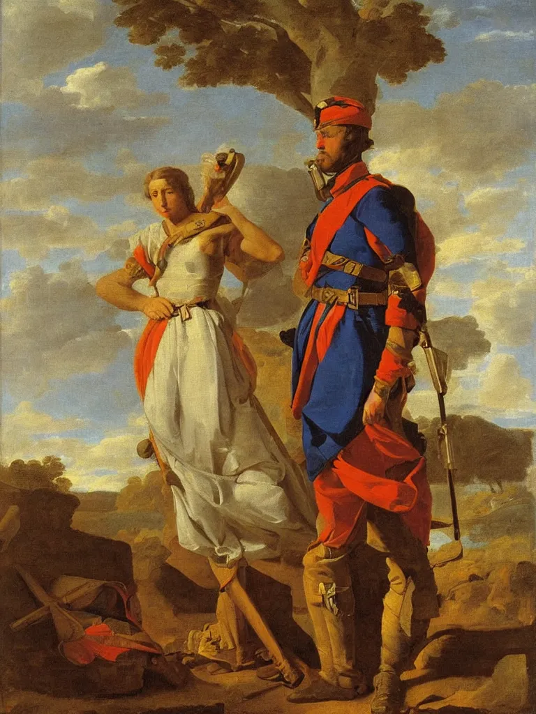 Image similar to portrait of a soldier with the queen, by nicolas poussin