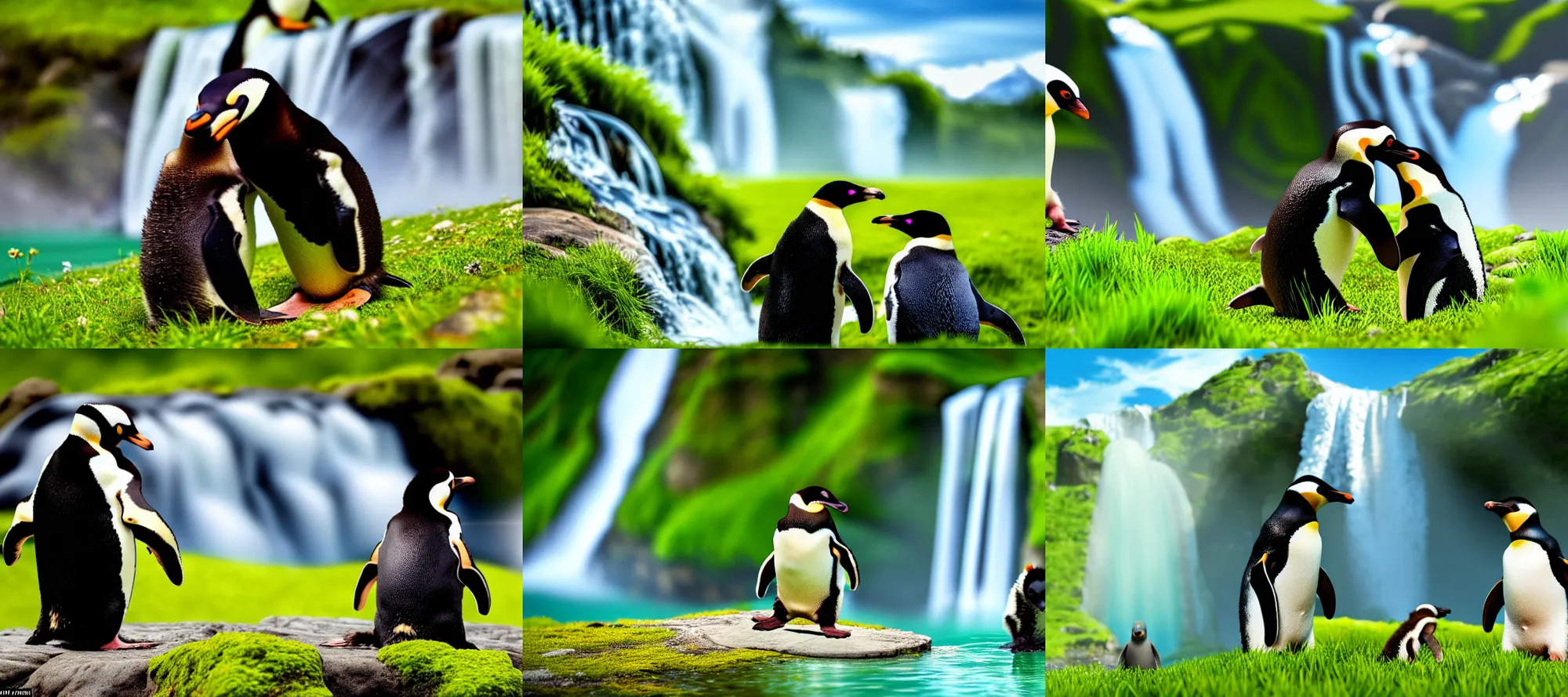 Prompt: two animals : a honey badger and a penguin, sitting in a meadow with a waterfall in the background, many details, high quality, 8 k