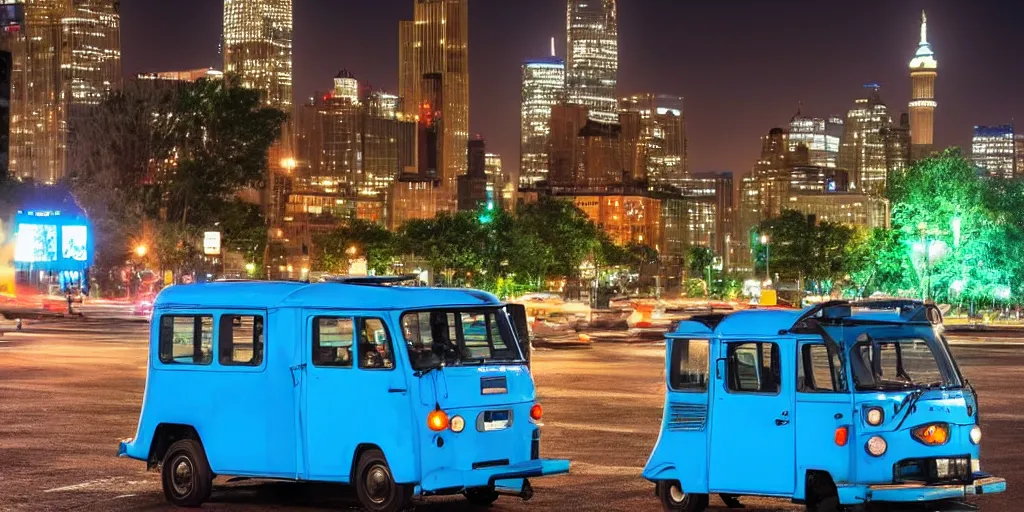 Image similar to a lonely blue tuk tuk with the statue of liberty in the background, night, full color