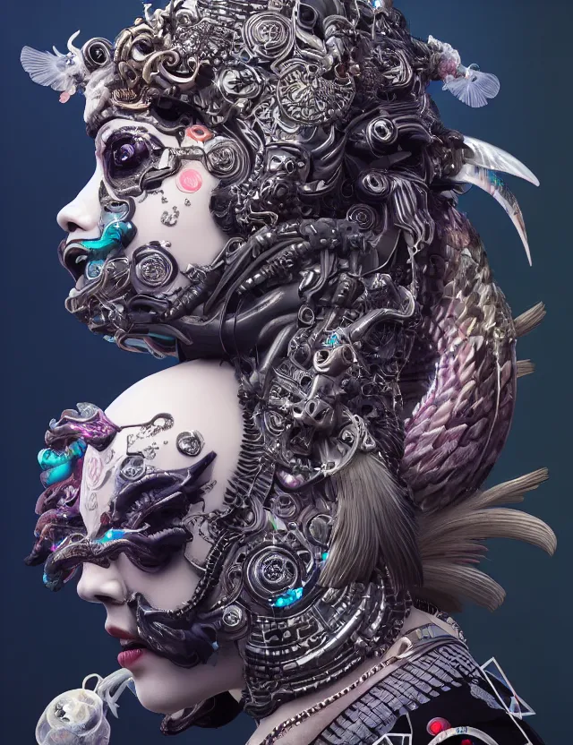 Image similar to 3 d goddess close - up profile portrait cyberpunk with ram skull. beautiful intricately detailed japanese crow kitsune mask and clasical japanese kimono. betta fish, jellyfish phoenix, bio luminescent, plasma, ice, water, wind, creature, artwork by tooth wu and wlop and beeple and greg rutkowski